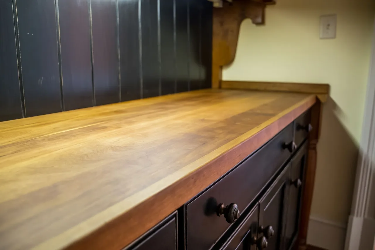 Butcher block kitchen countertop with natural wood grain