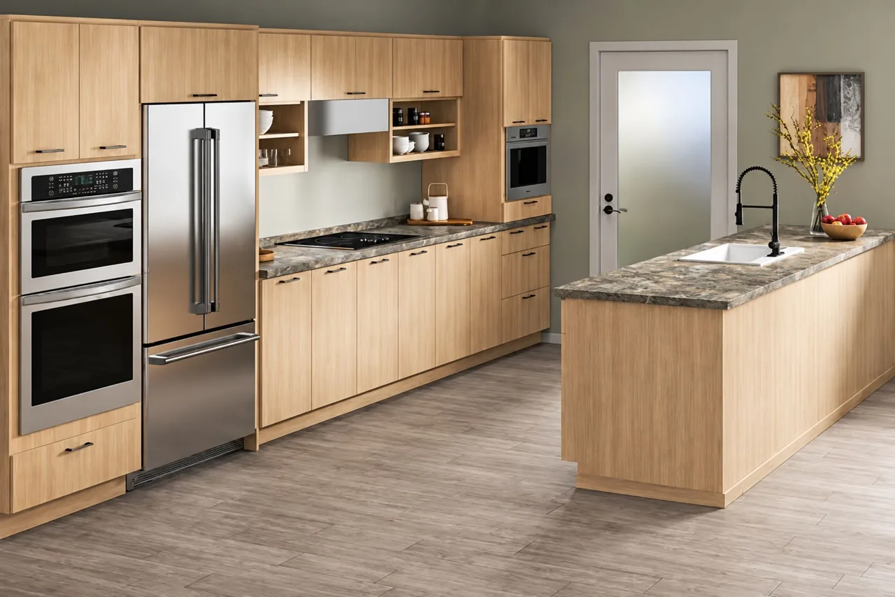 Laminate countertops in a kitchen with wood cabinetry