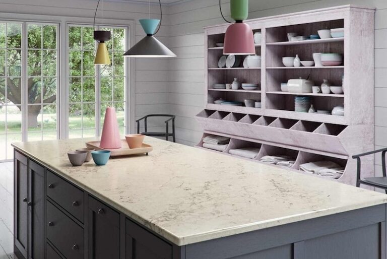 White quartz countertops in the color noble gray from BC Stone located in Everett, Salem, and Fisherville